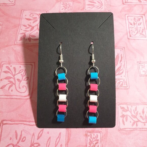 Colorful Chain Link Drop Earrings Pink Blue White Bead Baby Reveal Trans Pride - Picture 1 of 4